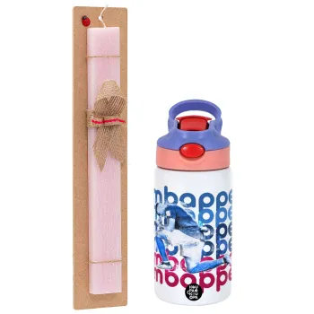 Kylian Mbappé, Easter Set, Children's thermal stainless steel water bottle with safety straw, pink/purple (350ml) & Easter scented flat candle (30cm) (PINK)