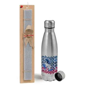 Kylian Mbappé, Easter Set, metallic Inox water bottle (750ml) & aromatic flat Easter candle (30cm) (GRAY)