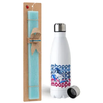 Kylian Mbappé, Easter Set, metallic stainless steel water bottle (750ml) & aromatic flat Easter candle (30cm) (TURQUOISE)