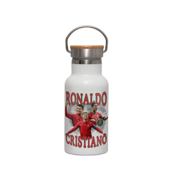 Cristiano Ronaldo, Metallic thermos (Stainless steel) White with wooden lid (bamboo), double-walled, 350ml