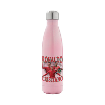 Cristiano Ronaldo, Metal mug thermos Pink Iridiscent (Stainless steel), double wall, 500ml