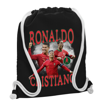 Κριστιάνο Ρονάλντο, Τσάντα πλάτης πουγκί GYMBAG Μαύρη, με τσέπη (40x48cm) & χονδρά λευκά κορδόνια