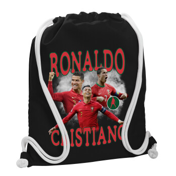 Cristiano Ronaldo, Backpack pouch GYMBAG Black, with pocket (40x48cm) & thick white cords