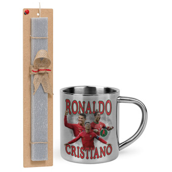 Cristiano Ronaldo, Easter Set, metallic thermal cup (300ml) & Easter aromatic flat candle (30cm) (GRAY)
