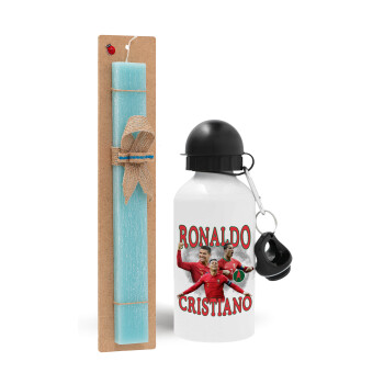 Cristiano Ronaldo, Easter Set, metallic aluminum water bottle (500ml) & scented flat candle (30cm) (TURQUOISE)