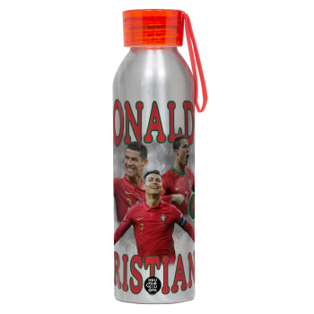 Κριστιάνο Ρονάλντο, Αλουμινένιο Αθλητικό Μπουκάλι 650ml – Ασημί με Κόκκινο Καπάκι και Λουράκι Σιλικόνης
