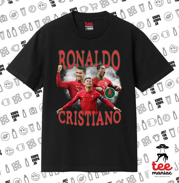 Κριστιάνο Ρονάλντο — ΜΑΥΡΟ Κλασικό T-Shirt, διπλής ραφής, χωρίς πλευρικές ραφές από 100% βαμβάκι. Vegan & OEKO-TEX πιστοποιημένο.