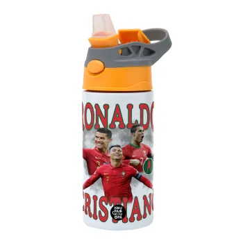 Cristiano Ronaldo, Children's hot water bottle, stainless steel, with safety straw, Orange/Grey (360ml) BPA-FREE