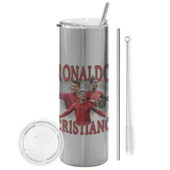 Κριστιάνο Ρονάλντο, Tumbler ποτήρι θερμό Ασημένιο από ανοξείδωτο ατσάλι 600ml, με μεταλλικό καλαμάκι & βούρτσα καθαρισμού