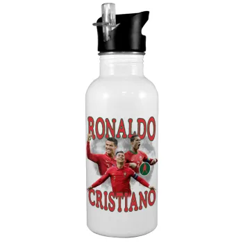 Cristiano Ronaldo, White water bottle with straw, stainless steel 600ml