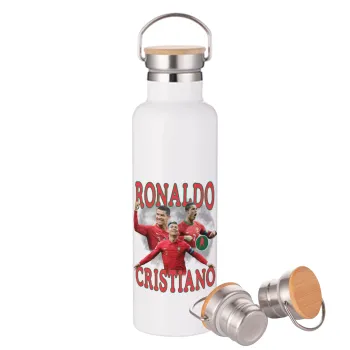 Cristiano Ronaldo, Stainless steel White with wooden lid (bamboo), double wall, 750ml