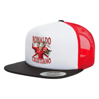Cristiano Ronaldo, Adult Foam Flat Snapback with Mesh Black-White-Red (POLYESTER, ADULT, UNISEX, ONE SIZE)