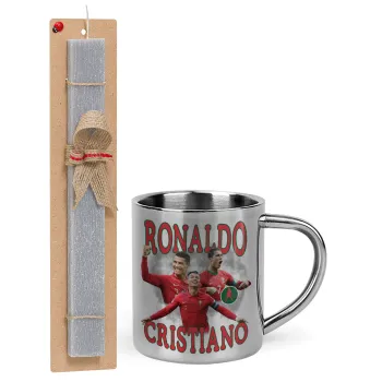 Cristiano Ronaldo, Easter Set, metallic thermal cup (300ml) & Easter aromatic flat candle (30cm) (GRAY)