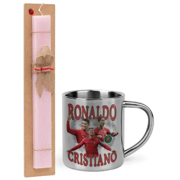 Cristiano Ronaldo, Easter Set, metallic thermal cup (300ml) & aromatic flat Easter candle (30cm) (PINK)