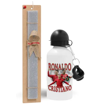 Cristiano Ronaldo, Easter Set, metallic aluminum water bottle (500ml) & aromatic flat Easter candle (30cm) (GRAY)