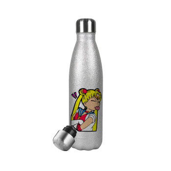 Sailor Moon, Μεταλλικό παγούρι θερμός Glitter Aσημένιο (Stainless steel), διπλού τοιχώματος, 500ml