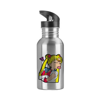 Sailor Moon, Water bottle Silver with straw, stainless steel 600ml