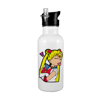 Sailor Moon, White water bottle with straw, stainless steel 600ml