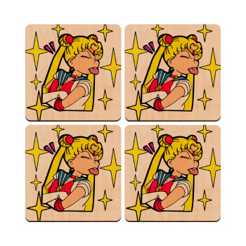 Sailor Moon, ΣΕΤ x4 Σουβέρ ξύλινα τετράγωνα plywood (9cm)