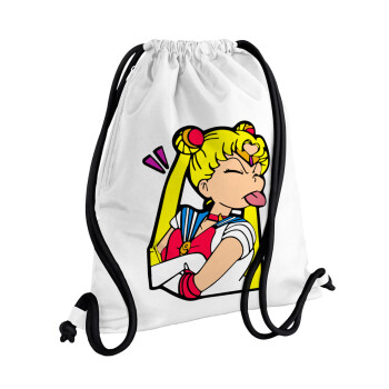 Sailor Moon, Τσάντα πλάτης πουγκί GYMBAG λευκή, με τσέπη (40x48cm) & χονδρά κορδόνια