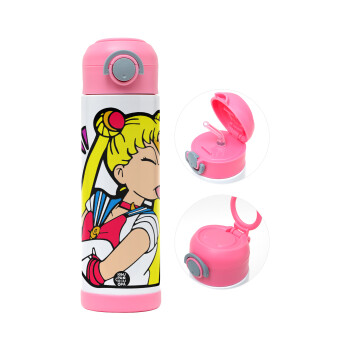 Sailor Moon, Παιδικό παγούρι θερμό, ανοξείδωτο, με καλαμάκι ασφαλείας, ΡΟΖ (500ml)