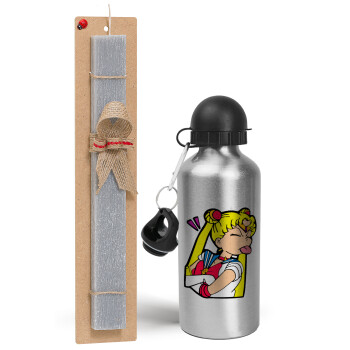 Sailor Moon, Πασχαλινή Λαμπάδα με παγούρι μεταλλικό Ασημένιο αλουμινίου (500ml) & κερί αρωματικό πλακέ (30cm) (ΓΚΡΙ)