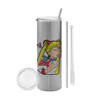 Sailor Moon, Eco friendly stainless steel Silver tumbler 600ml, with metal straw & cleaning brush