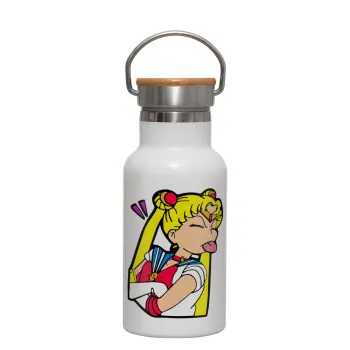 Sailor Moon, Μεταλλικό παγούρι θερμός (Stainless steel) Λευκό με ξύλινο καπακι (bamboo), διπλού τοιχώματος, 350ml