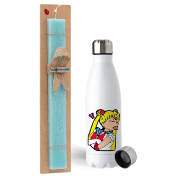 Sailor Moon, Easter Set, metallic stainless steel water bottle (750ml) & aromatic flat Easter candle (30cm) (TURQUOISE)