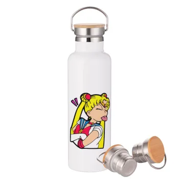Sailor Moon, Stainless steel White with wooden lid (bamboo), double wall, 750ml