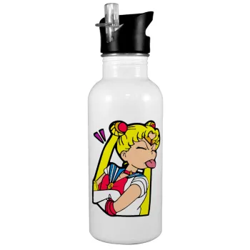 Sailor Moon, Παγούρι νερού Λευκό με καλαμάκι, ανοξείδωτο ατσάλι 600ml
