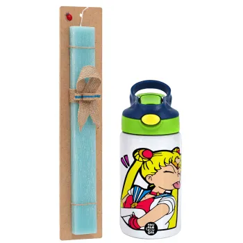 Sailor Moon, Easter Set, Children's thermal stainless steel bottle with safety straw, green/blue (350ml) & aromatic flat Easter candle (30cm) (TURQUOISE)