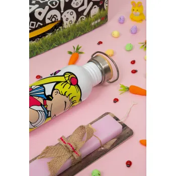 Sailor Moon, Easter Set, SS Metallic water bottle (620ml, stainless steel) & scented flat Easter candle (30cm) (PINK)