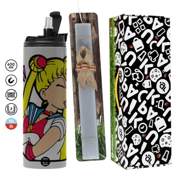 Sailor Moon, Πασχαλινή Λαμπάδα με Travel Tumbler θερμό (600ml, BPA free) & κερί αρωματικό πλακέ (30cm) (ΓΚΡΙ)