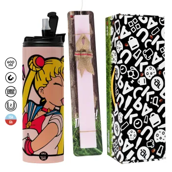Sailor Moon, Πασχαλινή Λαμπάδα με  ΡΟΖ Travel Tumbler θερμό (600ml, BPA free) & κερί αρωματικό πλακέ (30cm) (ΡΟΖ)