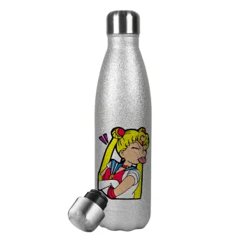 Sailor Moon, Μεταλλικό παγούρι θερμός Glitter Aσημένιο (Stainless steel), διπλού τοιχώματος, 500ml
