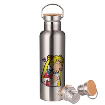 Sailor Moon, Μεταλλικό παγούρι θερμός (Stainless steel) Ασημένιο με ξύλινο καπακι (bamboo), διπλού τοιχώματος, 750ml