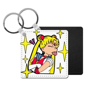 Sailor Moon, Μπρελόκ Δερματίνη, τετράγωνο ΜΑΥΡΟ (5x5cm)