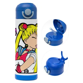 Sailor Moon, Παιδικό παγούρι θερμό, ανοξείδωτο, με καλαμάκι ασφαλείας, ΜΠΛΕ (500ml)