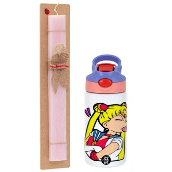 Sailor Moon, Easter Set, Children's thermal stainless steel water bottle with safety straw, pink/purple (350ml) & Easter scented flat candle (30cm) (PINK)