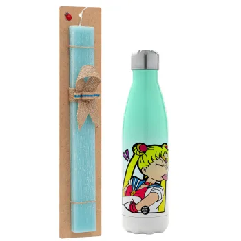 Sailor Moon, Easter Set, Metallic green/white thermos (Stainless steel), double-walled, 500ml & scented flat Easter candle (30cm) (TURQUOISE)