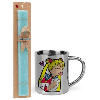 Sailor Moon, Easter Set, metallic thermal cup (300ml) & aromatic flat Easter candle (30cm) (TURQUOISE)