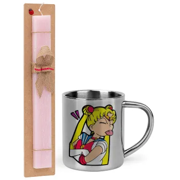 Sailor Moon, Easter Set, metallic thermal cup (300ml) & aromatic flat Easter candle (30cm) (PINK)