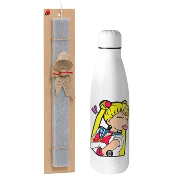 Sailor Moon, Easter Set, metallic stainless thermos bottle (500ml) & scented flat Easter candle (30cm) (GRAY)