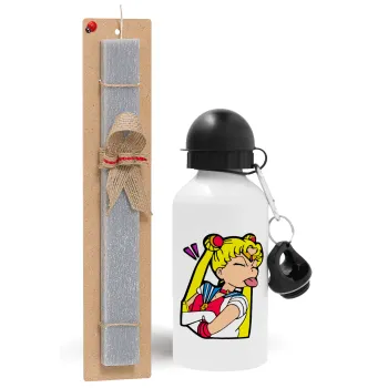 Sailor Moon, Easter Set, metallic aluminum water bottle (500ml) & aromatic flat Easter candle (30cm) (GRAY)