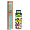 Easter Set, Children's thermal stainless steel bottle with safety straw, green/blue (350ml) & aromatic flat Easter candle (30cm) (TURQUOISE)