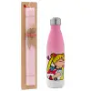 Easter Set, Metallic pink/white (Stainless steel) thermos, double-walled, 500ml & aromatic flat Easter candle (30cm) (PINK)