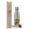 Easter Set, metallic Inox water bottle (750ml) & aromatic flat Easter candle (30cm) (GRAY)