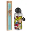 Easter Set, metallic silver aluminum water bottle (500ml) & scented flat Easter candle (30cm) (TURQUOISE)