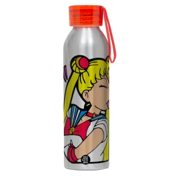 Sailor Moon, Αλουμινένιο Αθλητικό Μπουκάλι 650ml – Ασημί με Κόκκινο Καπάκι και Λουράκι Σιλικόνης
